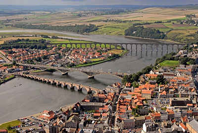 Aerial view of Berwick upon Tweed Northumberland looking inland along the River Tweed