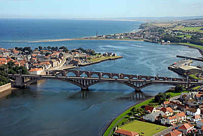 Aerial view of Berwick upon Tweed Northumberland looking out ot sea along the River Tweed