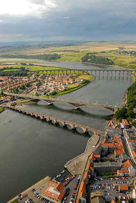 Aerial view of Berwick on Tweed Northumberland looking inland along the River Tweed