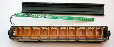 Collett coach with roof removed showing Dapol light bar